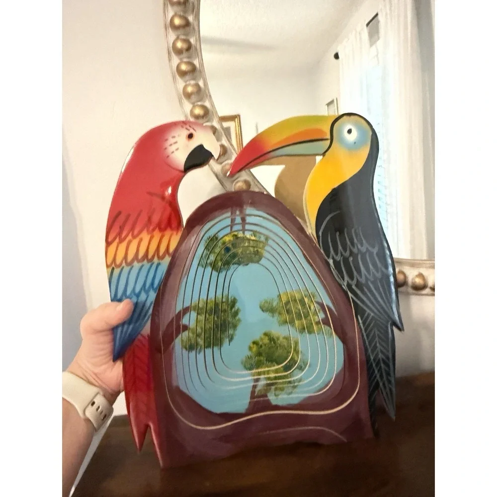 Vintage Tropical Toucan Parrot Collapsible Wooden Fruit Basket Folk‎ Art